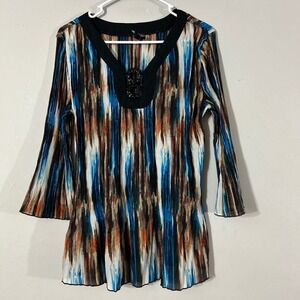 Essentials by Milano Women's Large Pleated Tunic Top Abstract Print V-Neck